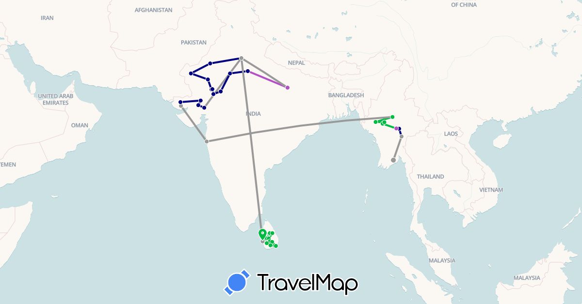 TravelMap itinerary: driving, bus, plane, train in India, Sri Lanka, Myanmar (Burma) (Asia)